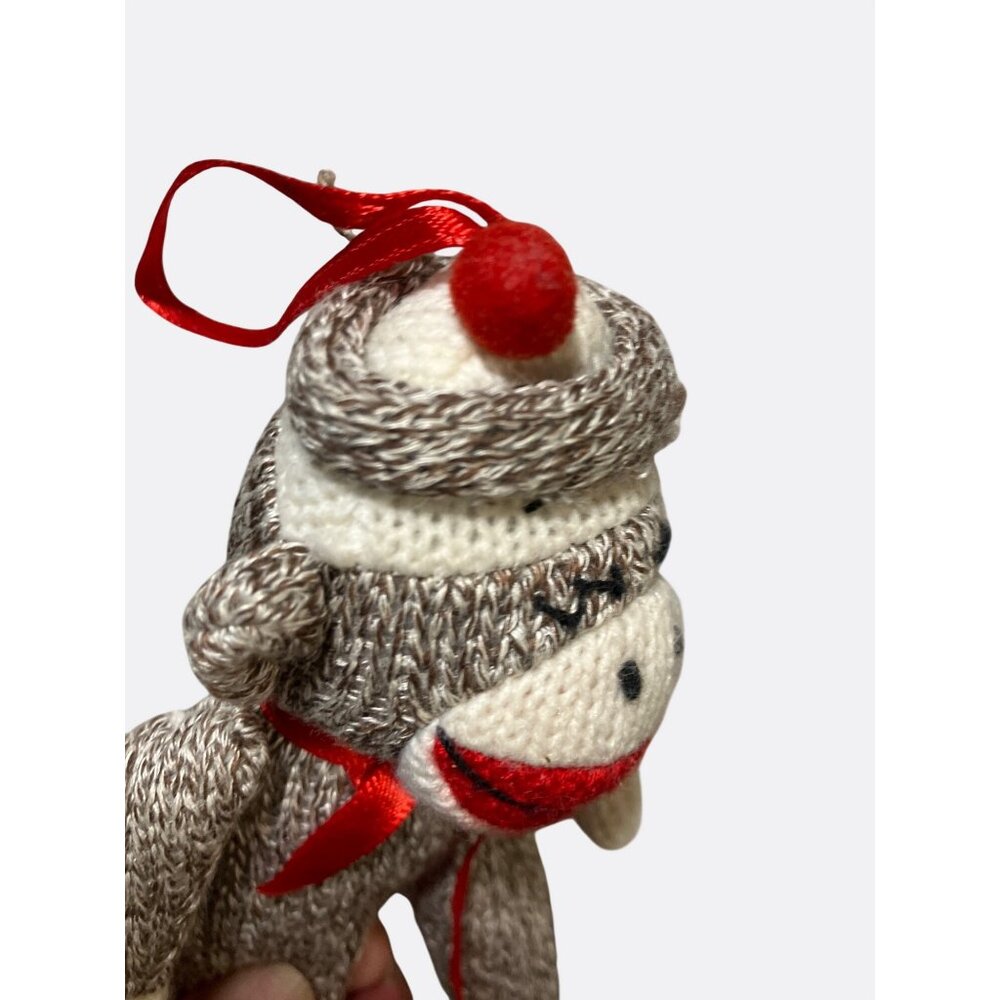 Knitted Sock Monkey Plush Ornament With Red Ribbon - Picture 10 of 10